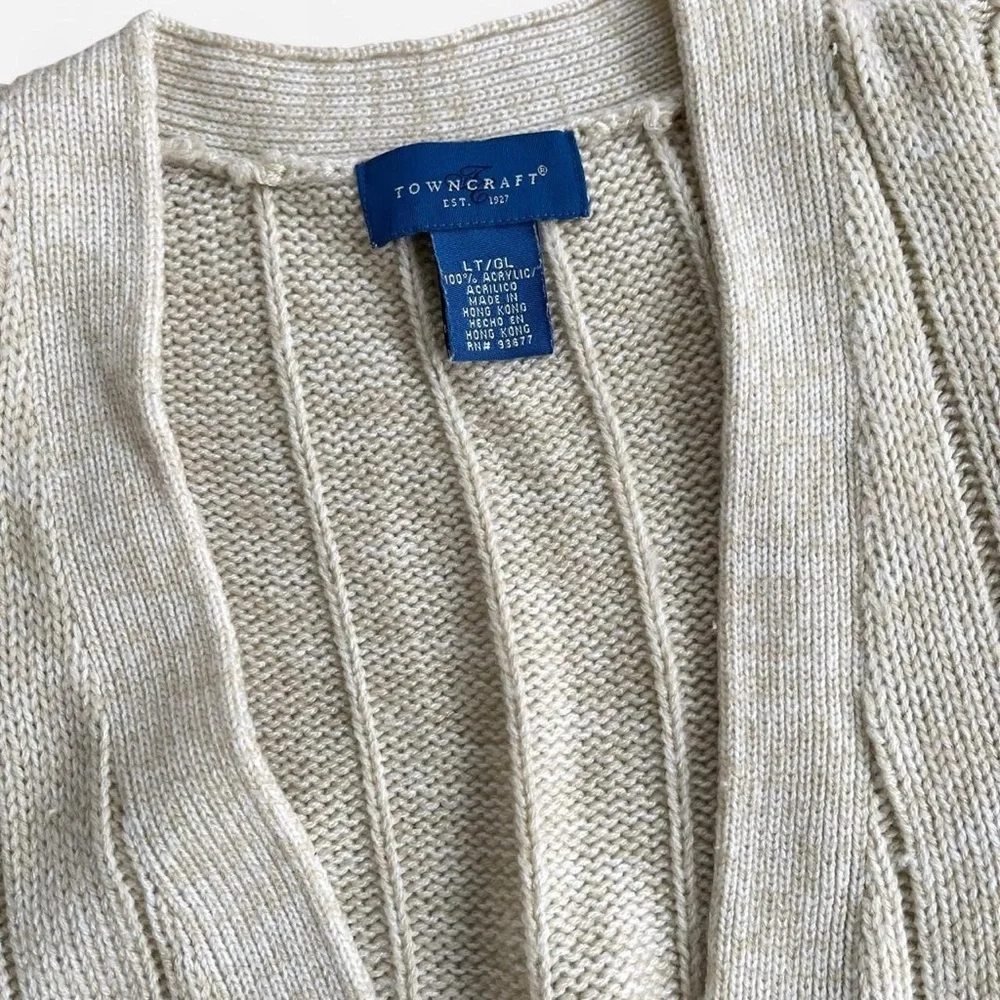 Vintage Men’s Towncraft Cream Tan Cable Knit V-Neck Grandpa Button Sweater Vest